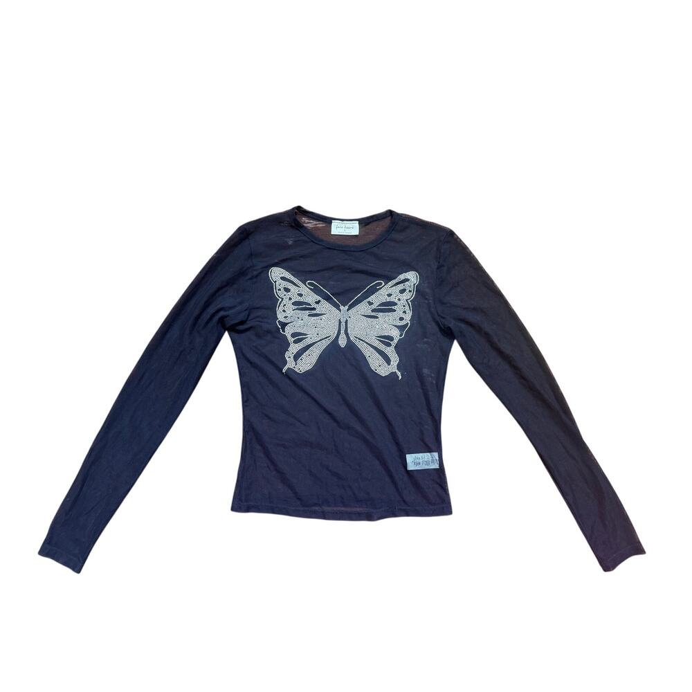 Free Kisses Black Mesh Rhinestone Butterfly Long Sleeve Top Size Small Y2K